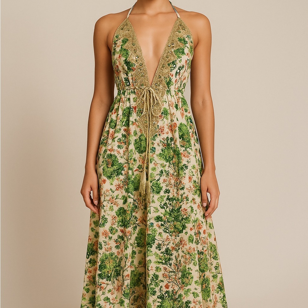 Elegant Green Floral Halter Dress